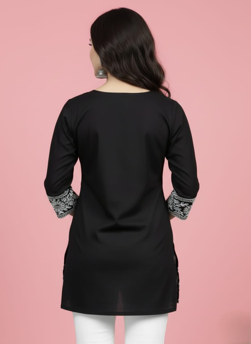 Black short Cotton kurti with minimal embroidery