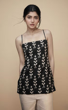 Printed Square Neck Sleeveless Backless Short Indo-Western Ethnic Kurti Top - Black