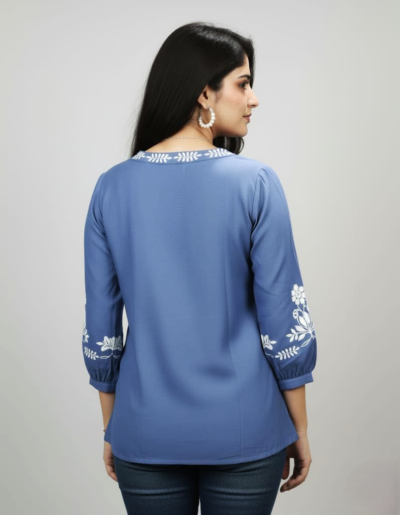 Powder blue V neck kurta with white floral embroidery