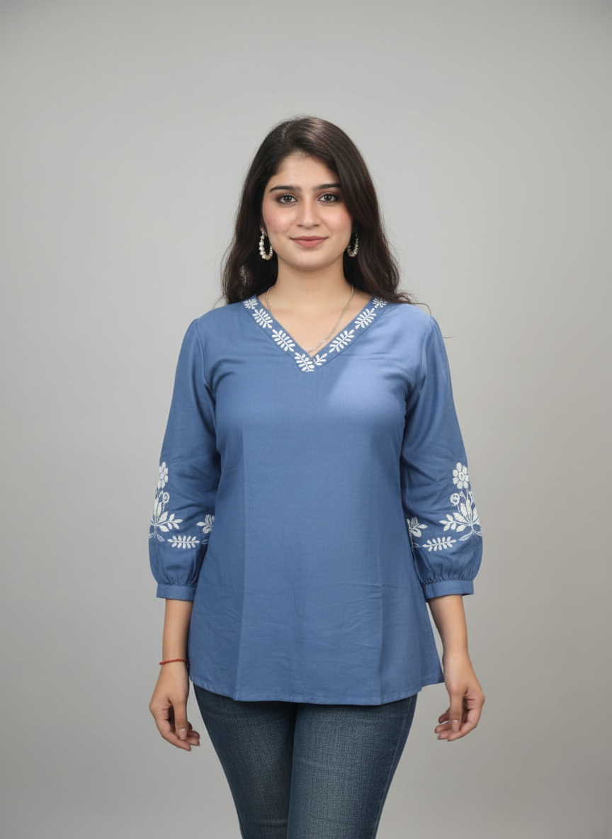 Powder blue V neck kurta with white floral embroidery