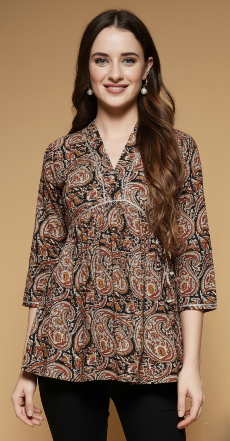 Paisley Printed V-Neck Pure Cotton Kurti
