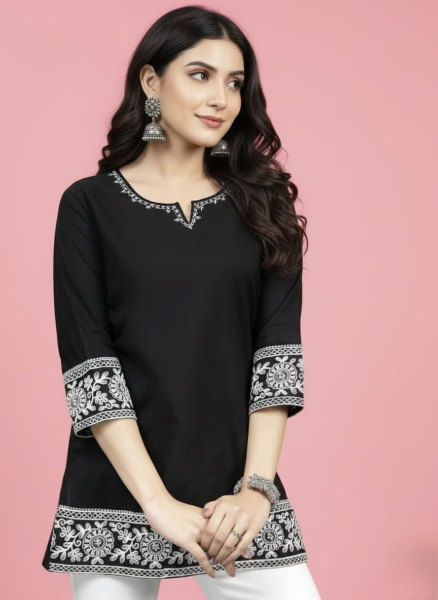 Black short Cotton kurti with minimal embroidery